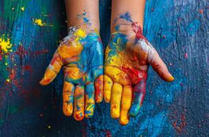 ai generiert Gemälde Kinder Hände mit Farben foto