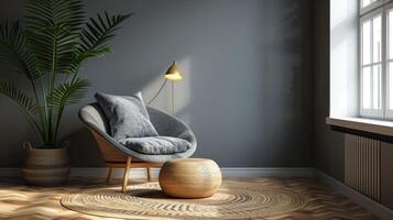 ai generiert Sessel mit Kopfkissen, glühend Lampe, Pflanze im Topf foto