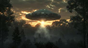 ai generiert ein UFO fliegend Über ein wolkig Himmel und Bäume, foto