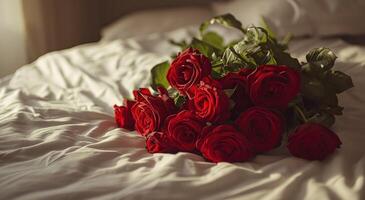 ai generiert ein Strauß von rot Rosen auf jemandes Bett foto