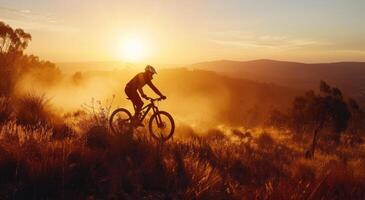 ai generiert ein Mann ist Reiten seine Berg Fahrrad entlang ein Terrain beim Sonnenaufgang foto