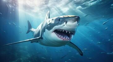 ai generiert ein Weiß Hai Das ist Schwimmen im ein schön unter Wasser Umgebung foto