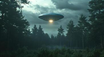 ai generiert ein UFO fliegend Über ein wolkig Himmel und Bäume, foto