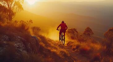 ai generiert ein Mann ist Reiten seine Berg Fahrrad entlang ein Terrain beim Sonnenaufgang foto