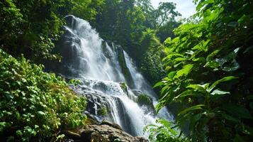 ai generiert majestätisch Wasserfälle umgeben durch üppig Laub, ein erfrischend Szene zum ein heiß Sommer- Tag foto