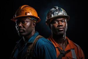ai generiert Bergbau Arbeitskräfte tragen Orange schwer Hüte foto