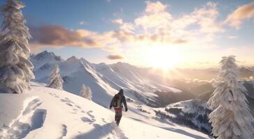 ai generiert Reiten ein Snowboard auf ein schneebedeckt Hügel Snowboarden foto