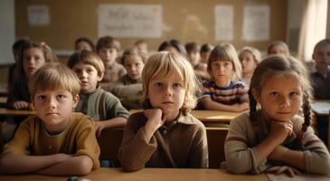 ai generiert ein Klassenzimmer mit mehrere Kinder Sitzung Dort foto