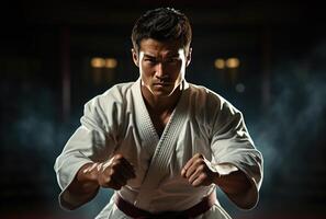 ai generiert ein Mann im ein Weiß Karate Kostüm anziehen seine Ausrüstung foto