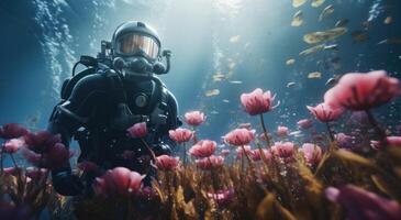 ai generiert ein Tauchen Taucher unter Wasser umgeben durch Wasser Lilien mit Blumen foto
