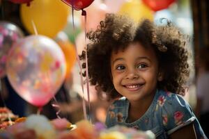 ai generiert ein Afroamerikaner Mädchen ist lächelnd beim ein Tabelle mit Geburtstag Luftballons foto