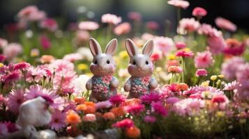 ai generiert charmant Ostern Hase Figuren eingebettet unter Blühen Frühling Blumen foto