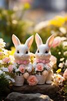 ai generiert charmant Ostern Hase Figuren eingebettet unter Blühen Frühling Blumen foto