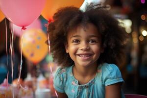 ai generiert ein Afroamerikaner Mädchen ist lächelnd beim ein Tabelle mit Geburtstag Luftballons foto