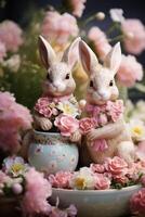 ai generiert charmant Ostern Hase Figuren eingebettet unter Blühen Frühling Blumen foto