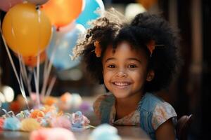 ai generiert ein Afroamerikaner Mädchen ist lächelnd beim ein Tabelle mit Geburtstag Luftballons foto