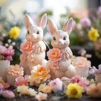 ai generiert charmant Ostern Hase Figuren eingebettet unter Blühen Frühling Blumen foto