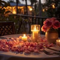 ai generiert Rose Blütenblätter, herzförmig Platten, und flackern Kerzenlicht foto
