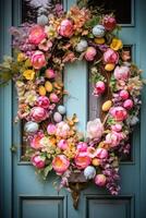 ai generiert Ostern Kranz mit bunt Eier und Frühling Blumen foto