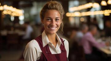 ai generiert ein Kellnerin im ein Restaurant mit ein Tablett liefert ein bestellen foto