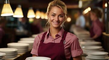 ai generiert ein Kellnerin im ein Restaurant mit ein Tablett liefert ein bestellen foto