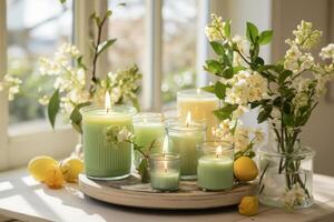 ai generiert ein Anzeige von duftend Kerzen im Frühlingsinspiriert Düfte, vereinbart worden mit botanisch Elemente und Sanft Beleuchtung foto