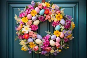 ai generiert Ostern Kranz mit bunt Eier und Frühling Blumen foto