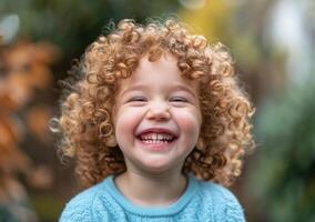 ai generiert ein wenig Mädchen mit lockig Haar ist Lachen foto