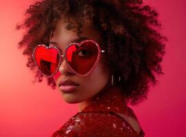 ai generiert ein lockig behaart Frau mit ein süß rot Herz geformt Sonnenbrille foto