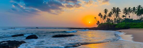 ai generiert sonnig exotisch Strand durch das Ozean mit Palme Bäume beim Sonnenuntergang Sommer- Ferien generieren ai foto