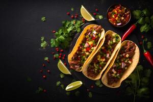 ai generiert Mexikaner Tacos mit Rindfleisch im Tomate Soße und Salsa generativ ai foto