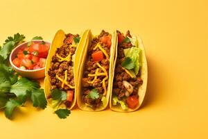 ai generiert traditionell Mexikaner Tacos mit Fleisch und Gemüse generativ ai foto