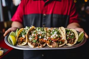 ai generiert schließen oben Person halten Teller mit Taco generativ ai foto