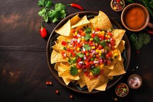 ai generiert oben Aussicht frisch Mexikaner Essen mit Nachos Kopieren Raum generativ ai foto