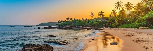 ai generiert sonnig exotisch Strand durch das Ozean mit Palme Bäume beim Sonnenuntergang Sommer- Ferien generieren ai foto