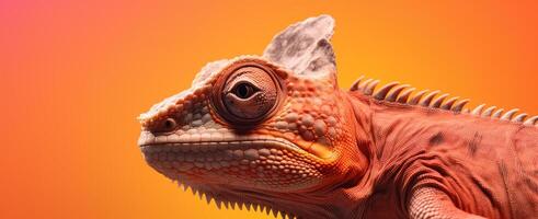 ai generiert ein Chamäleon suchen nach vorne auf ein Orange Hintergrund foto