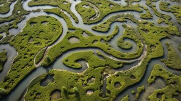 ai generiert generativ ai, Antenne Aussicht von Labyrinth Wasserstraßen, Drohne Foto, schön Landschaft foto