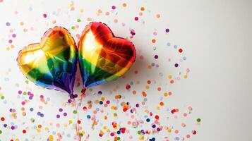 ai generiert generativ ai, vereiteln lgbt Regenbogen Flagge Farben Luftballons im Herz gestalten und Konfetti zum Valentinstag Tag oder Hochzeit mit Kopieren Raum foto