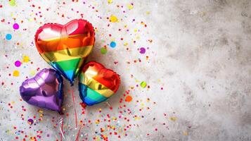 ai generiert generativ ai, vereiteln lgbt Regenbogen Flagge Farben Luftballons im Herz gestalten und Konfetti zum Valentinstag Tag oder Hochzeit mit Kopieren Raum foto