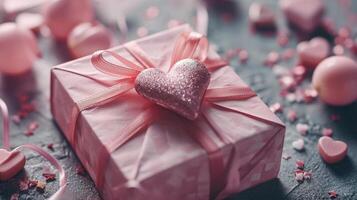 ai generiert generativ ai, Valentinstag Tag Geschenk Box mit Dekoration schließen hoch, stumm geschaltet Farben, Urlaub fotorealistisch ästhetisch Hintergrund foto