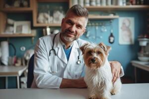 ai generiert generativ ai, süß klein Hund Sein untersucht durch Fachmann Tierarzt im Tierarzt Klinik foto