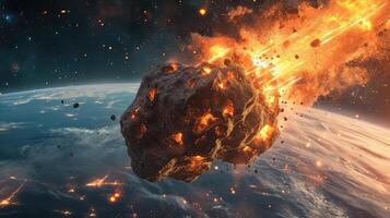 ai generiert generativ ai, Asteroid ist fliegend zu das Erde, gefeuert Meteor, Einschlag Erde foto
