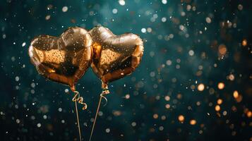 ai generiert generativ ai, vereiteln golden Luftballons im Herz gestalten und Konfetti zum Valentinstag Tag oder Hochzeit mit Kopieren Raum foto