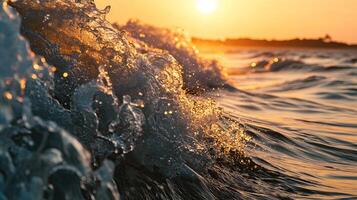 ai generiert Wellen beim Meer, golden Stunde foto