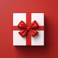 ai generiert Weiß Geschenk Box eingewickelt im rot Band und Bogen, rot Hintergrund, oben Aussicht foto