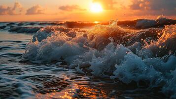 ai generiert Wellen beim Meer, golden Stunde foto