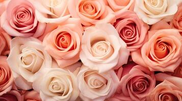 ai generiert schön Rosa Rosen von anders Schatten oben Aussicht Blume Hintergrund Textur foto