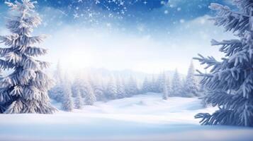 ai generiert Winter Tag Hintergrund mit Schnee bedeckt Bäume und Tanne Geäst foto