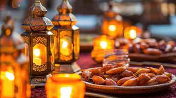 ai generiert traditionell Arabisch Laternen mit Teller von Termine, Ramadan Hintergrund foto