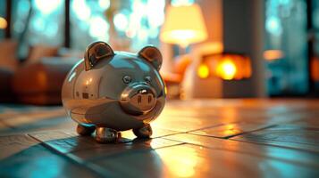 ai generiert ein leeren Schweinchen Bank mit Geld im das bilden von Münzen im Vorderseite von ein Zimmer mit ein Lampe foto